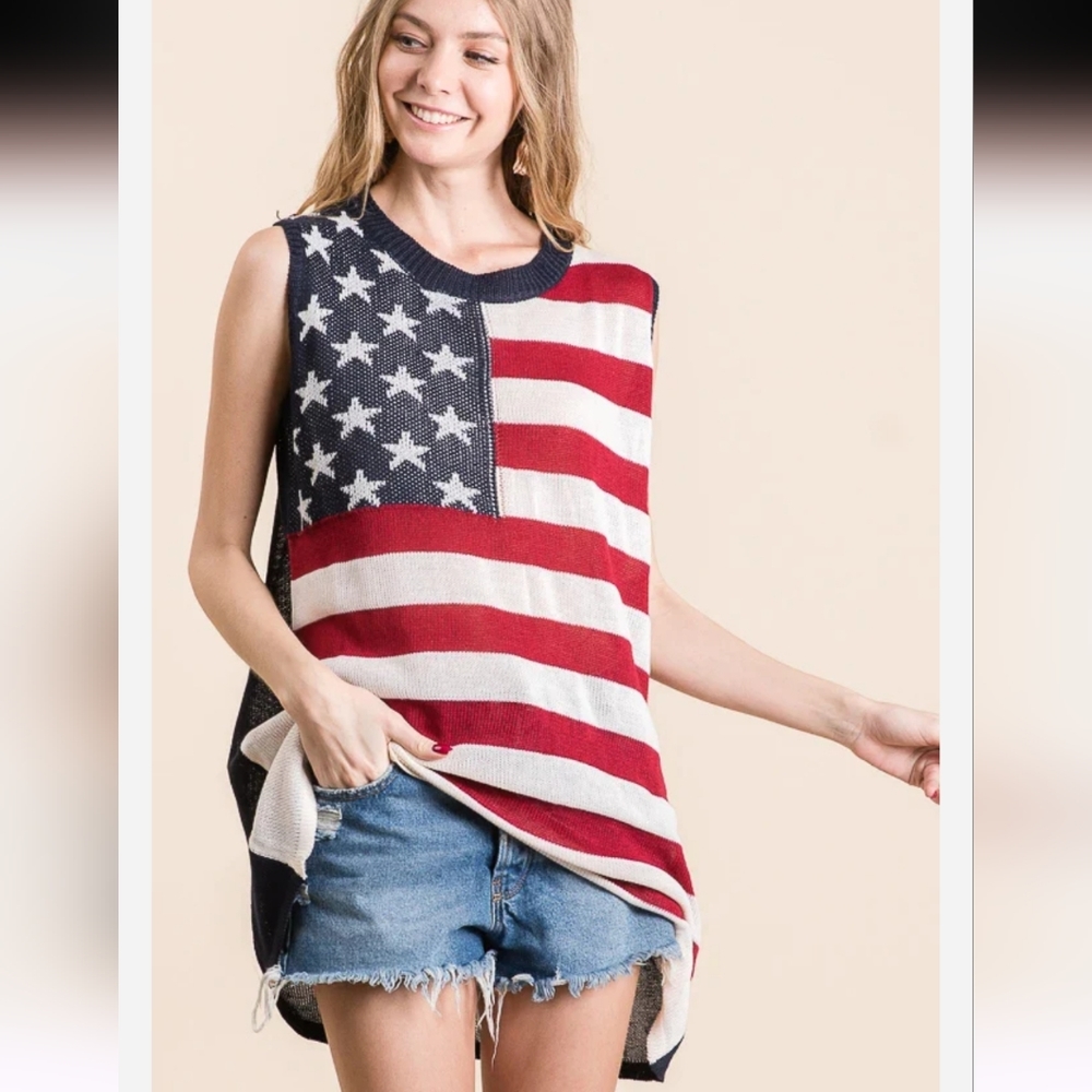 Jade by Jane Knit Flag Tunic Sleeveless Sweater Top Womens Size L/XL